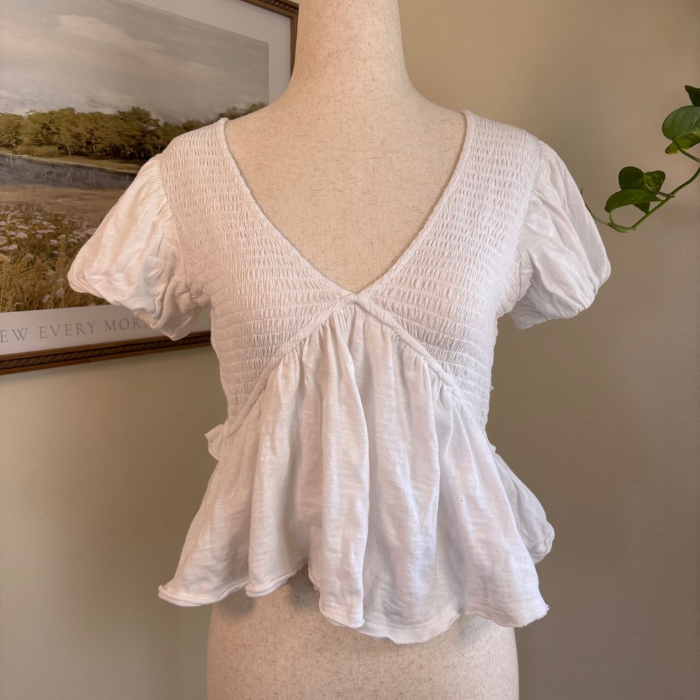 Free people charlotte top white cottage peplum blouse size XS tie back babydol